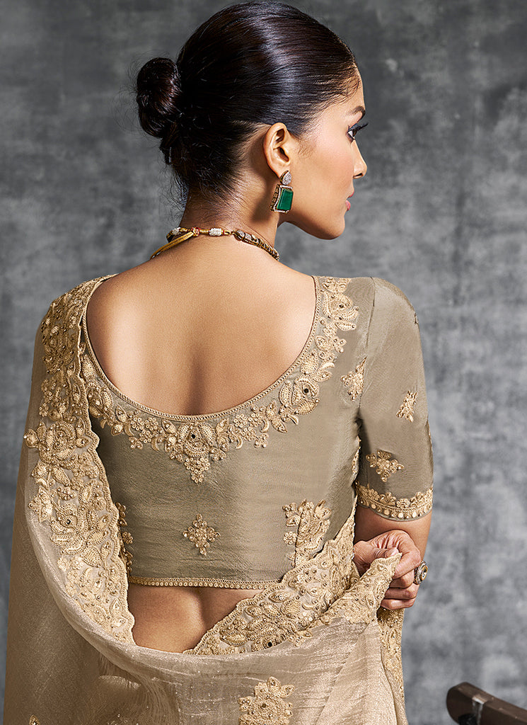 Buy Beige Golden Wedding Saree In Canada