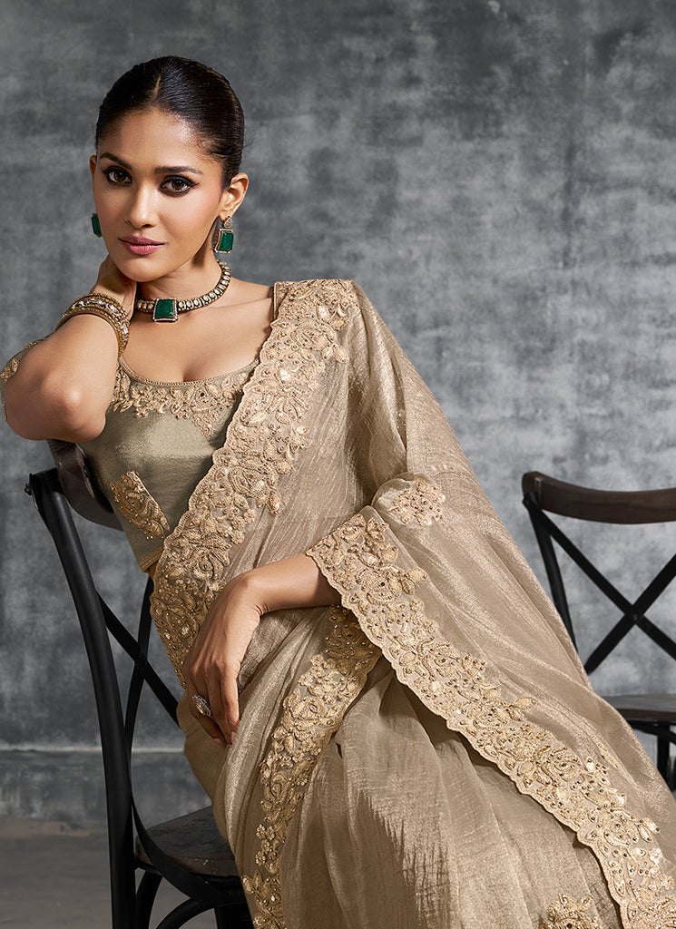 Shop Beige Golden Bollywood Saree Online