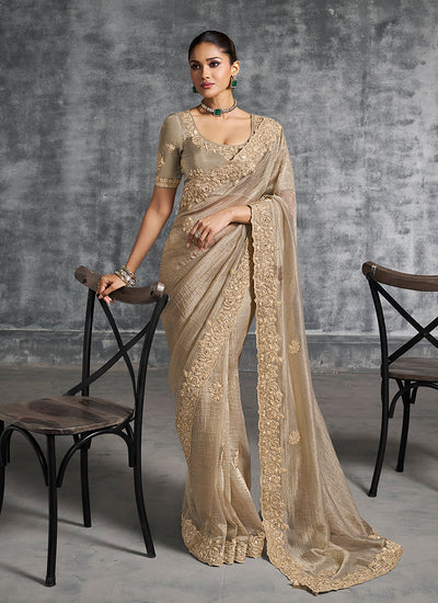Beige Golden Multi Embroidery Wedding Saree
