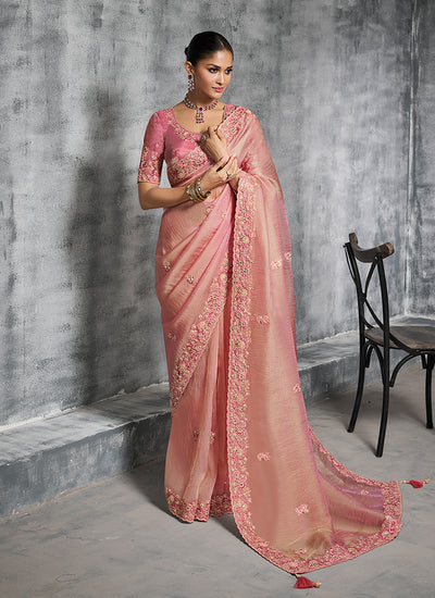 Salmon Pink Multi Embroidery Wedding Saree