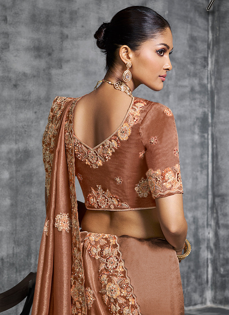 Shop Rust Brown Designer Saree Online