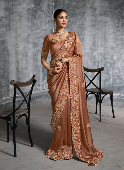 Rust Brown Multi Embroidery Wedding Saree