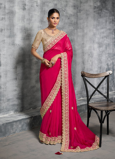 Magenta And Beige Multi Embroidery Wedding Saree