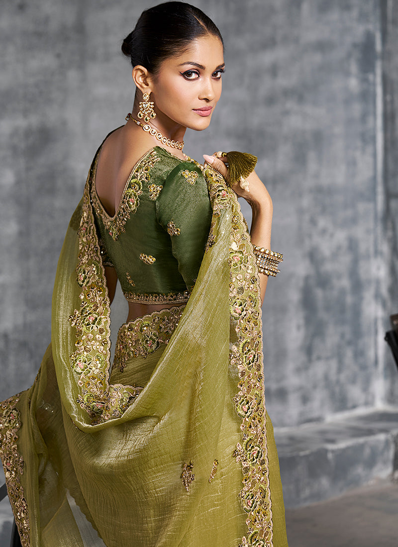 Shop Olive Green Designer Saree Online