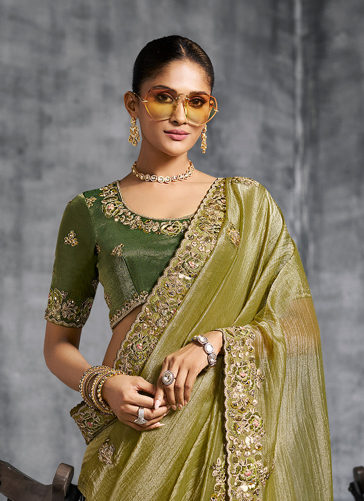 Buy Olive Green Wedding Saree In USA