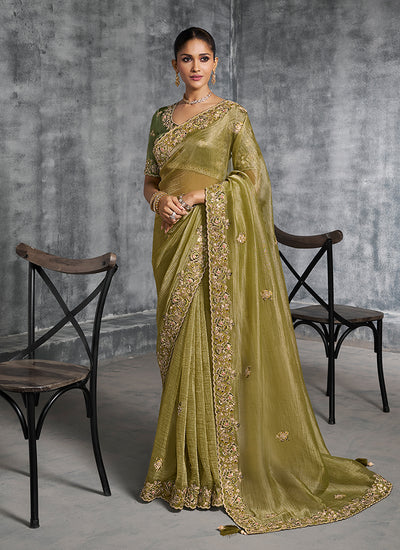 Olive Green Multi Embroidery Wedding Saree