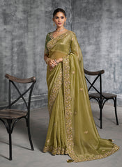 Olive Green Multi Embroidery Wedding Saree