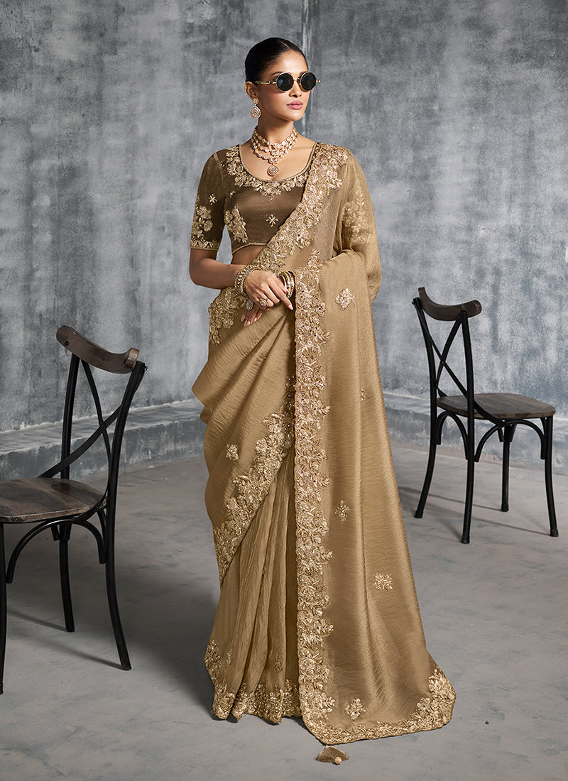 Golden Brown Multi Embroidery Wedding Saree