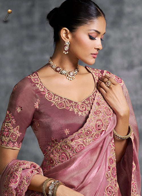 Rose Pink Multi Embroidery Wedding Saree