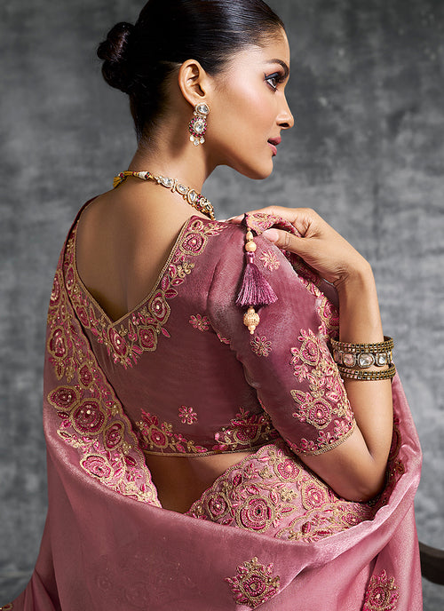 Rose Pink Multi Embroidery Wedding Saree