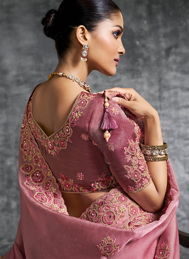 Rose Pink Multi Embroidery Wedding Saree