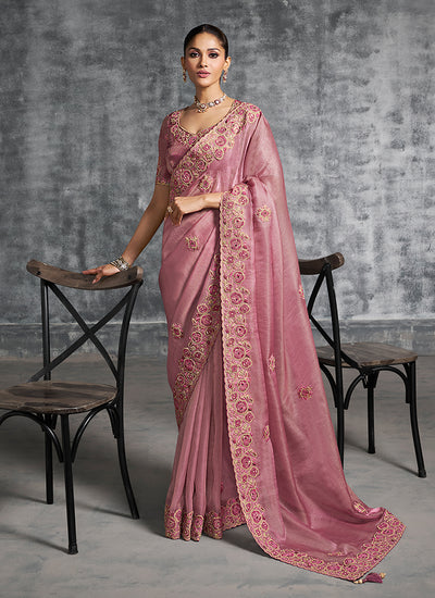 Rose Pink Multi Embroidery Wedding Saree