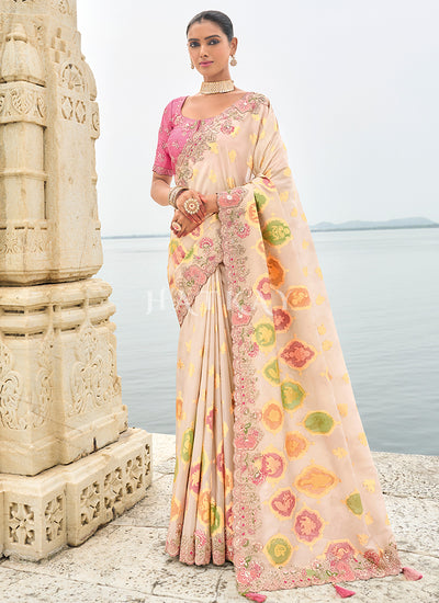 Off White And Pink Multi Embroidery Saree
