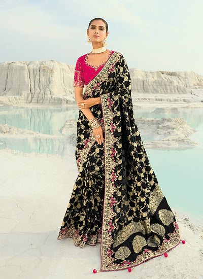 Black And Pink Wedding Saree With Blouse