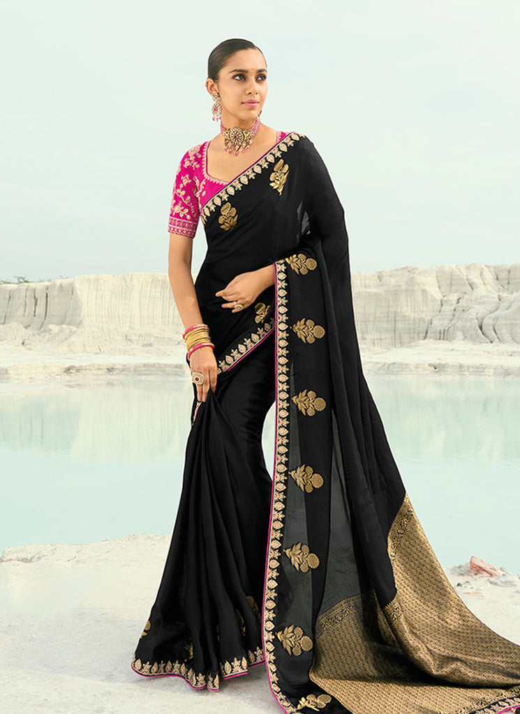 Black And Magenta Wedding Saree 