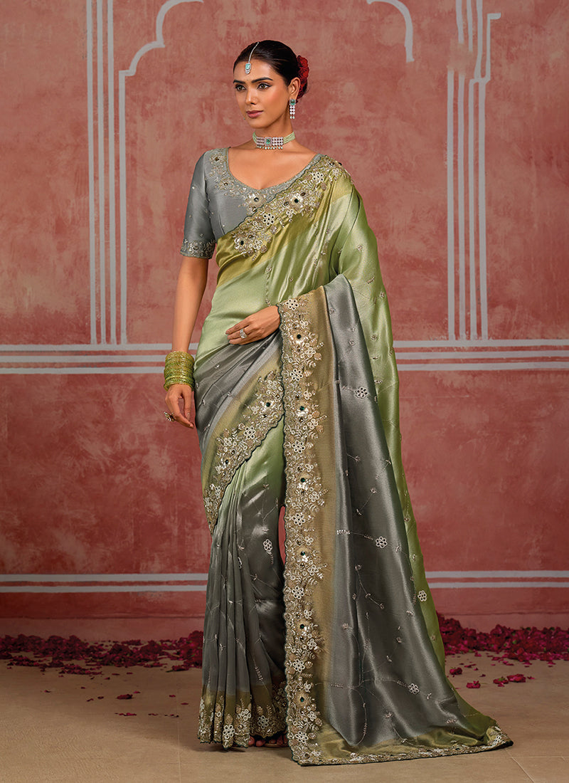 Grey And Green Multi Embroidery Wedding Silk Saree
