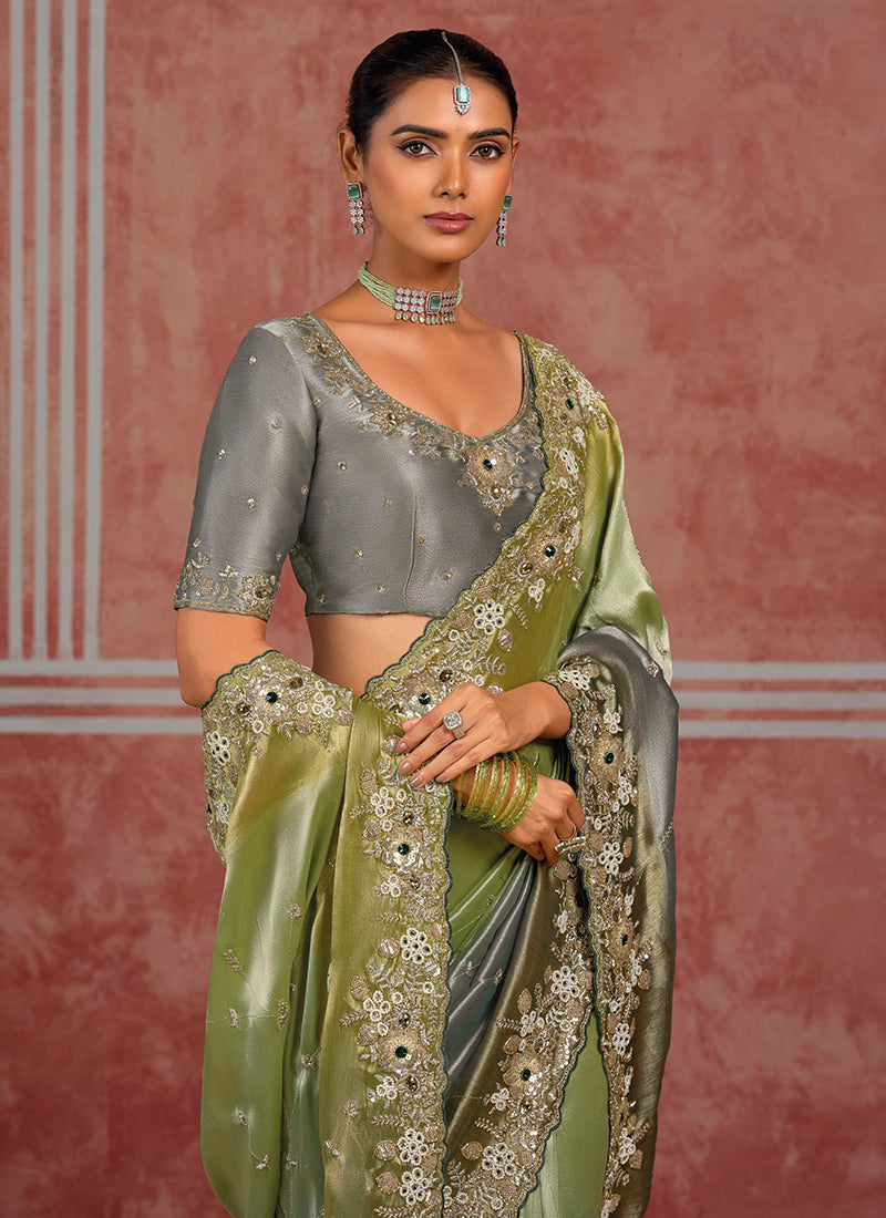 Buy Grey And Green Wedding Saree In UK