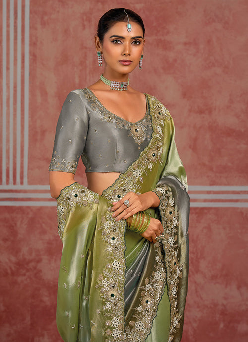 Buy Grey And Green Wedding Saree In UK