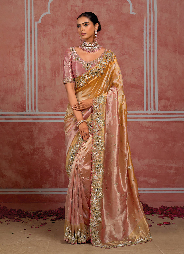 Peach And Pink Multi Embroidery Wedding Silk Saree