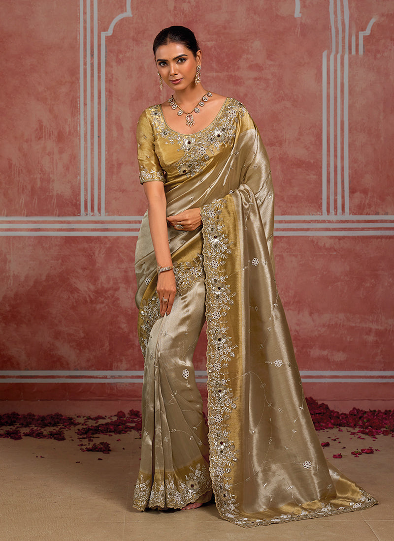 Champagne Gold Multi Embroidery Wedding Silk Saree