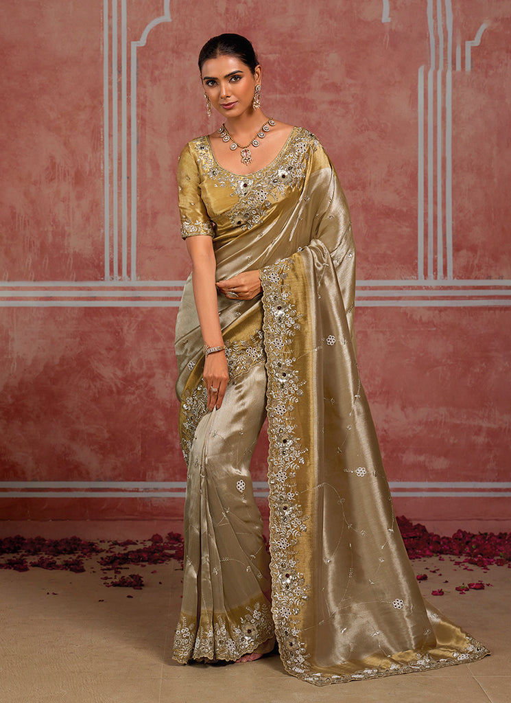 Champagne Gold Multi Embroidery Wedding Silk Saree