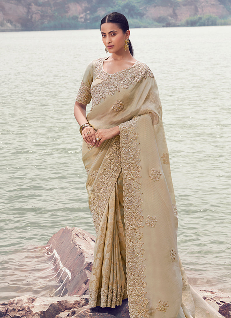 Beige Handwork Embroidery Wedding Saree
