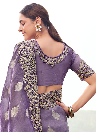 Purple Handwork Embroidery Wedding Saree And Blouse