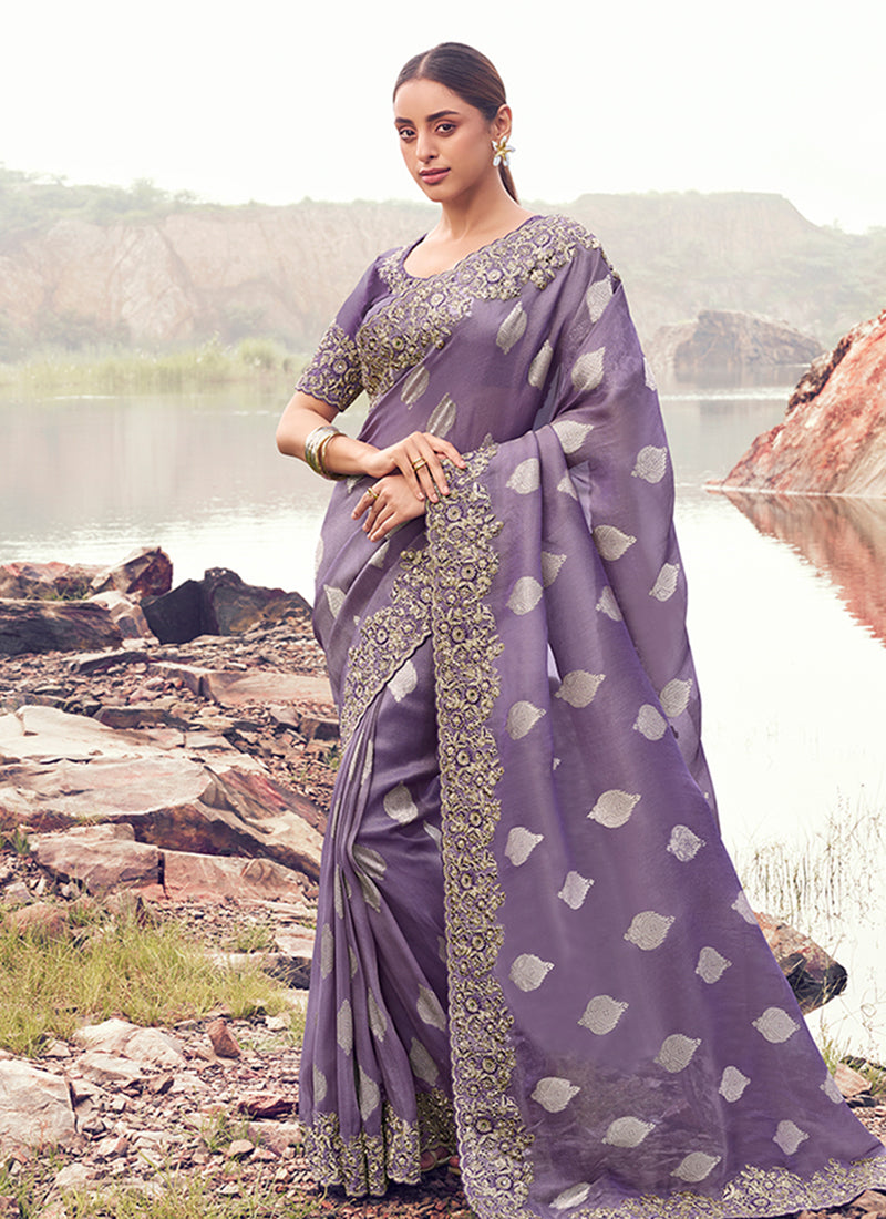 Purple Handwork Embroidery Wedding Saree