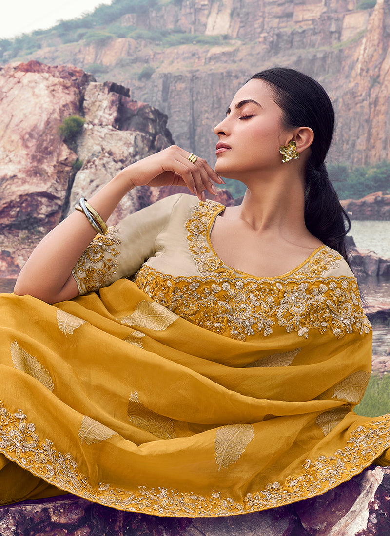 Buy Golden Yellow Handwork Embroidery Designer Saree