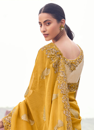 Golden Yellow Handwork Embroidery Wedding Saree And Blouse