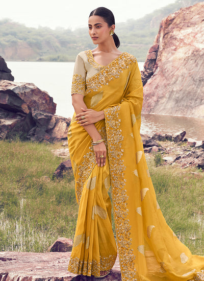Golden Yellow Handwork Embroidery Wedding Saree