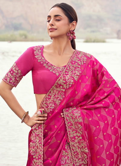 Magenta Pink Handwork Embroidery Wedding Saree And Blouse