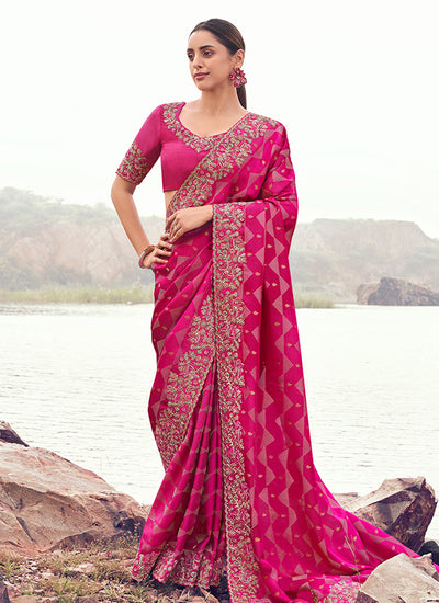 Magenta Pink Handwork Embroidery Wedding Saree And Blouse
