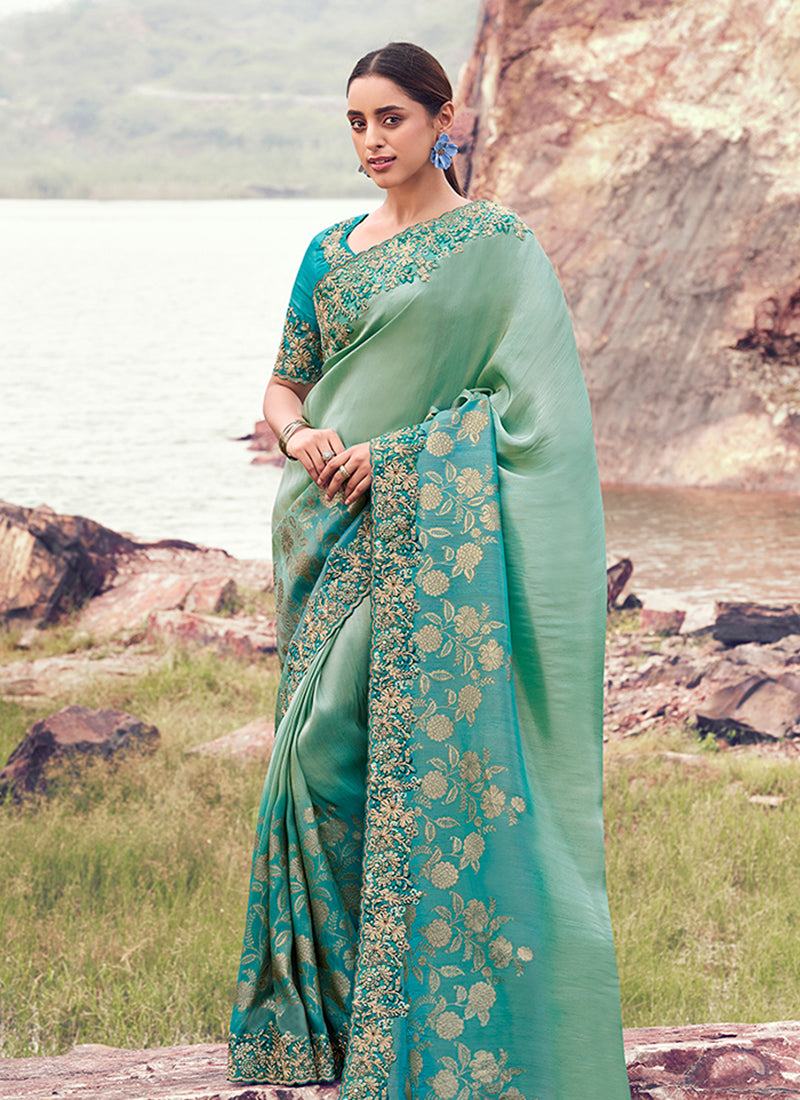 Firozi Blue Handwork Embroidery Wedding Saree
