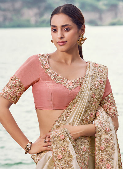 Peach Cream Handwork Embroidery Wedding Saree And Blouse