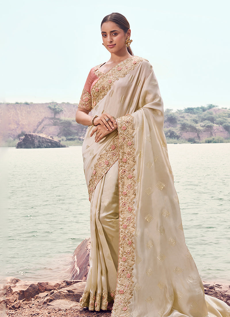 Peach Cream Handwork Embroidery Wedding Saree