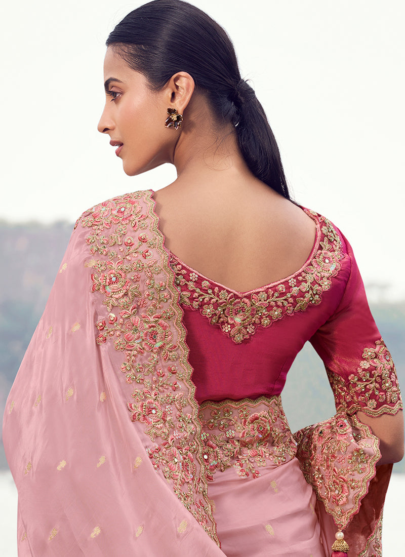 Buy Peachish Pink Wedding Saree In USA