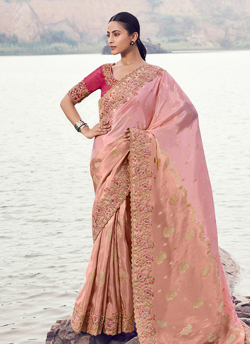Peachish Pink Handwork Embroidery Wedding Saree 