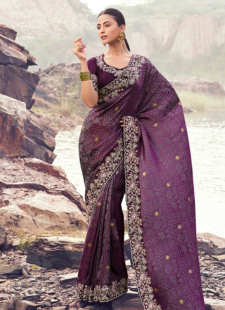 Wine Purple Handwork Embroidery Wedding Saree 