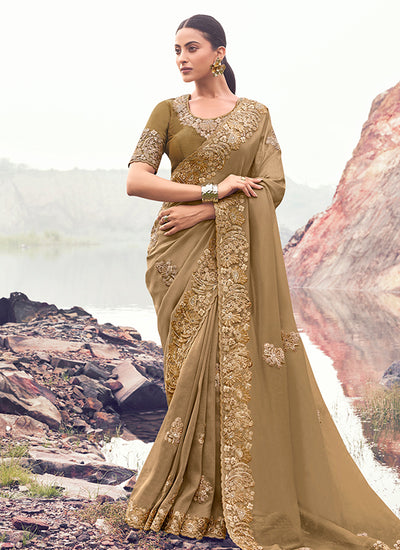 Golden Brown Handwork Embroidery Wedding Saree 