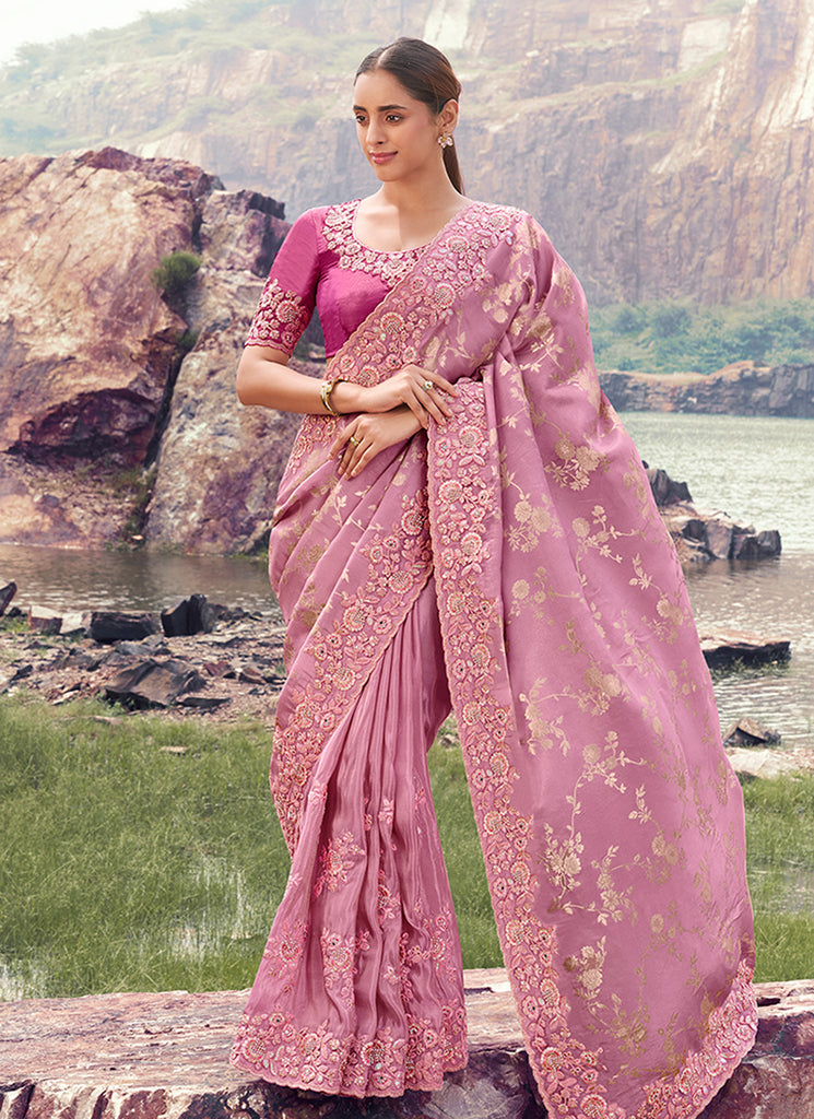 Pink Handwork Embroidery Wedding Saree