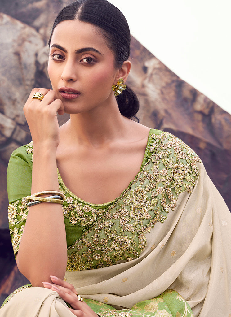 Shop Green Cream Bridal Saree Online