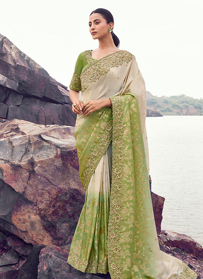 Green Cream Handwork Embroidery Wedding Saree 