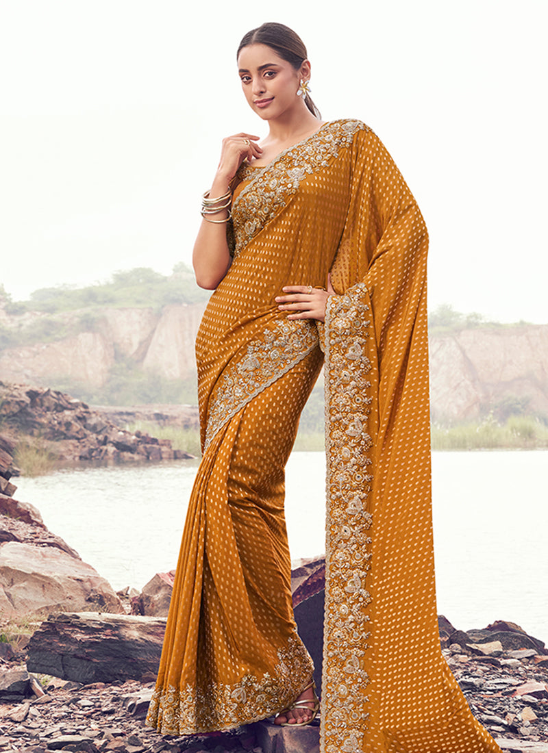 Ochre Yellow Handwork Embroidery Wedding Saree 