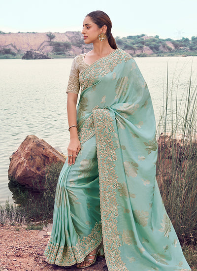 Light Blue Handwork Embroidery Wedding Saree And Blouse