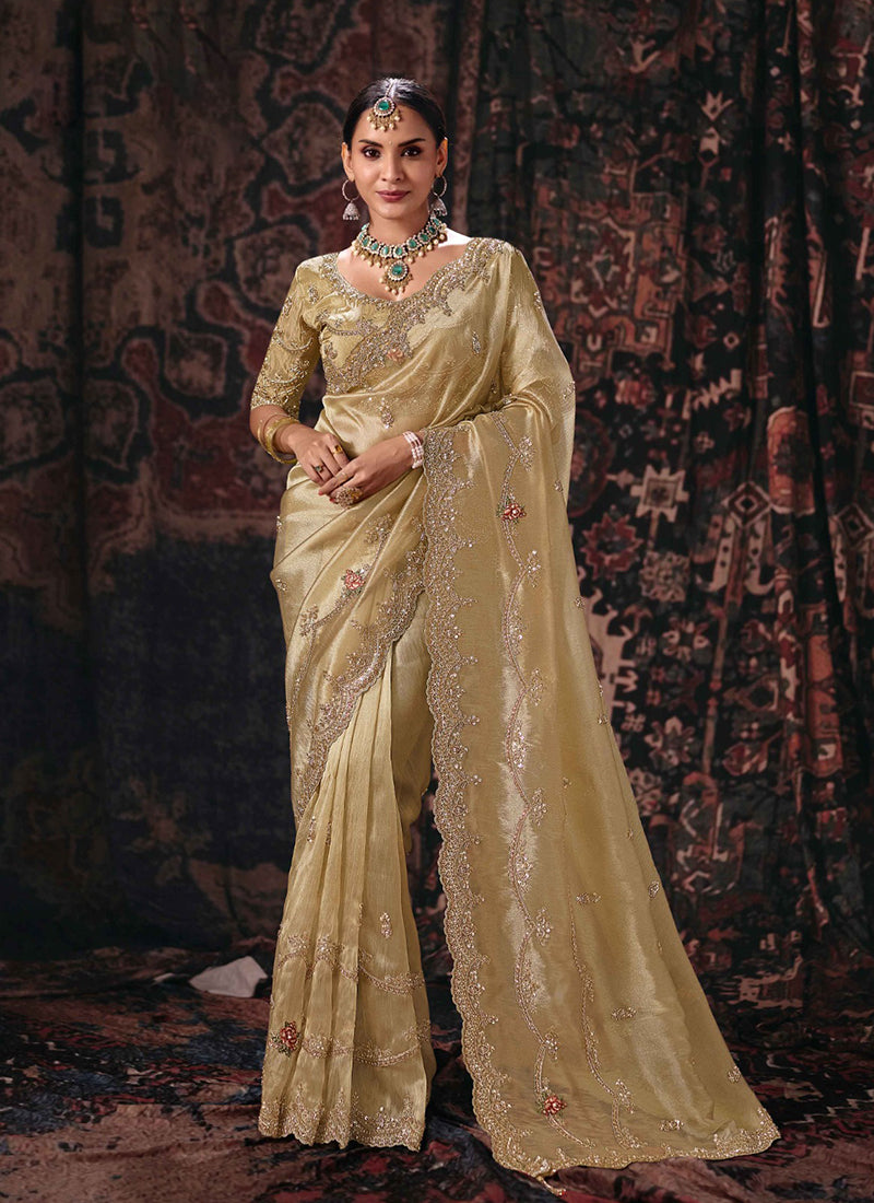 Champagne Gold Handwork Embroidery Silk Saree
