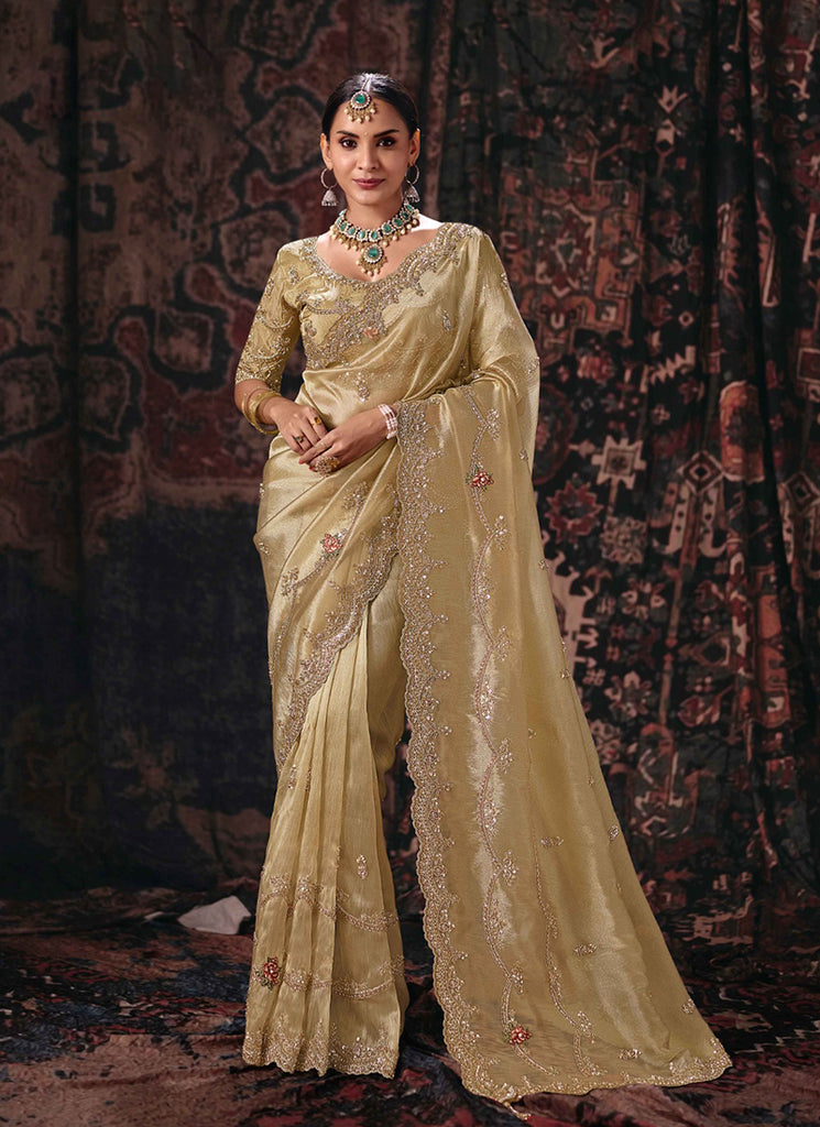 Champagne Gold Handwork Embroidery Silk Saree