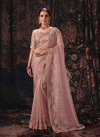Powder Pink Handwork Embroidery Silk Saree