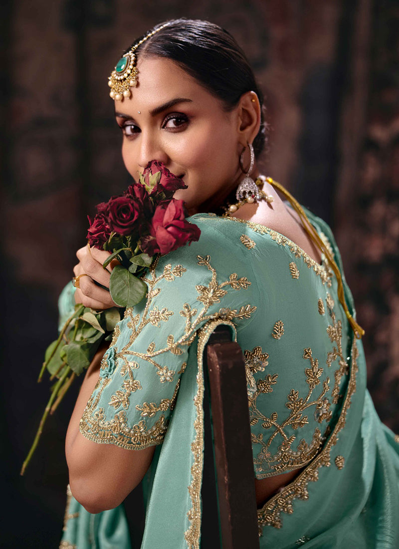 Shop Sea Green Silk Sari For Festival In canada
