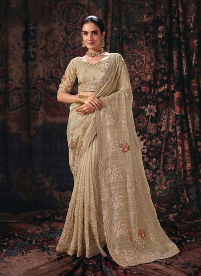 Beige Golden Handwork Embroidery Silk Saree